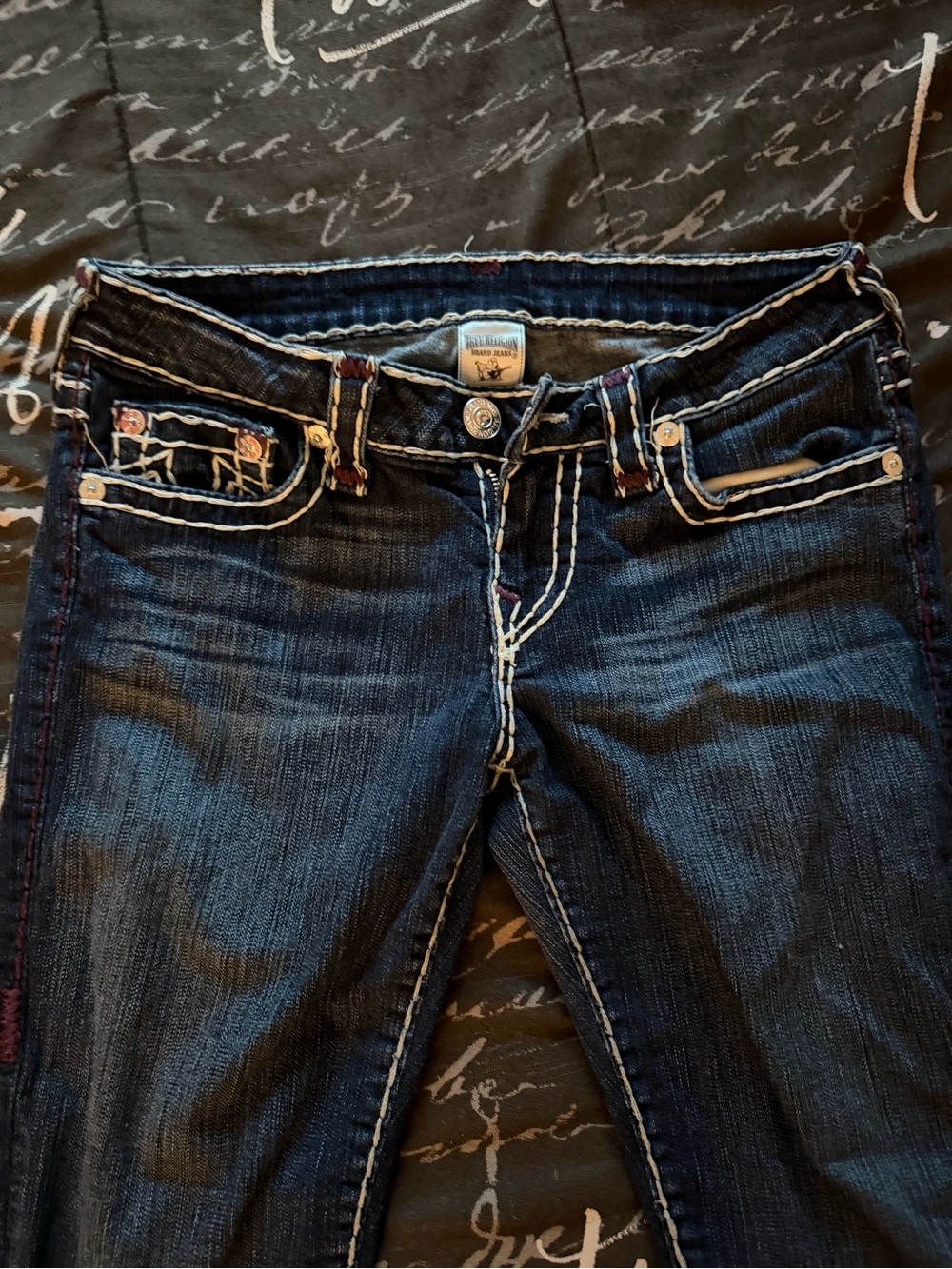 True Religion Dark Blue Skinny Jeans with White Contrast Stitching